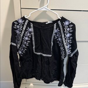 Elegant Black Blouse with White and Purple Embroidery